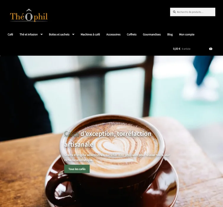 Page d’accueil du site e-commerce ThéÔphil sur écran large